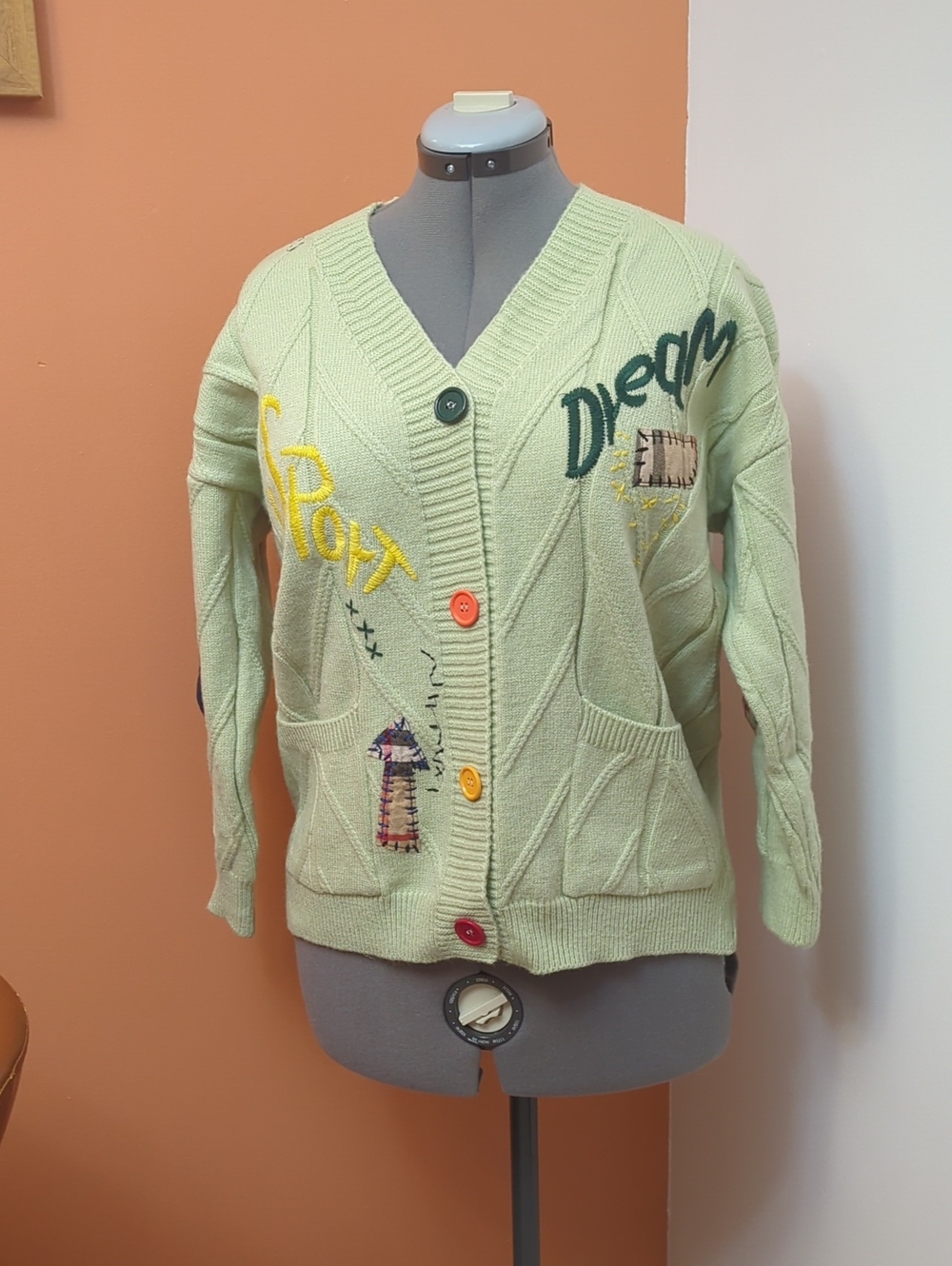 Light Green Embroidered V-Neck Women’s Cardigan Sweater